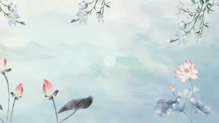 4k柔美中国风水墨荷花山水国风舞台背景ae模板工笔画荷花水墨背景