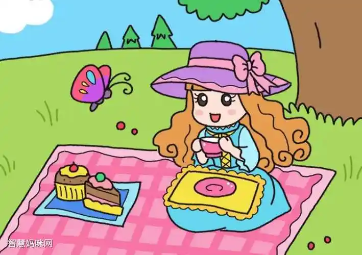 赏花喝茶野餐简笔画画法步骤