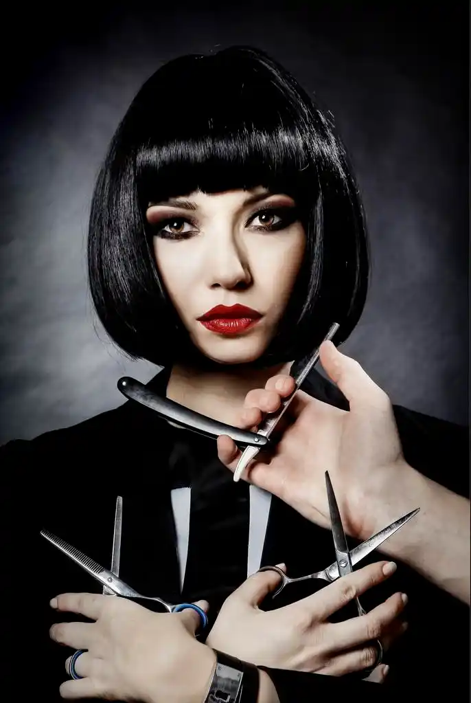 发型造型,理发主题年轻, 美丽, 乌黑的短发女人准备好的发型,关闭了