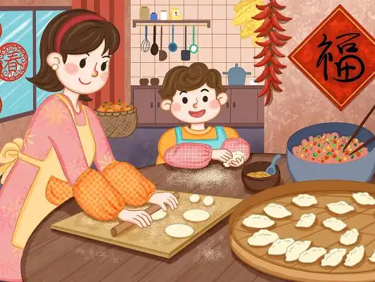 全家福手绘卡通人物包饺子原创插画海报春节包饺子
