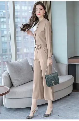 实拍 高腰阔腿裤套装女2018秋季新款时髦气质衬衣条纹两件套