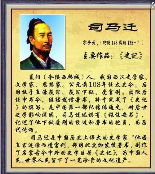史圣 司马迁,字子长,是我国第一部纪传体通史《史记》的作者.