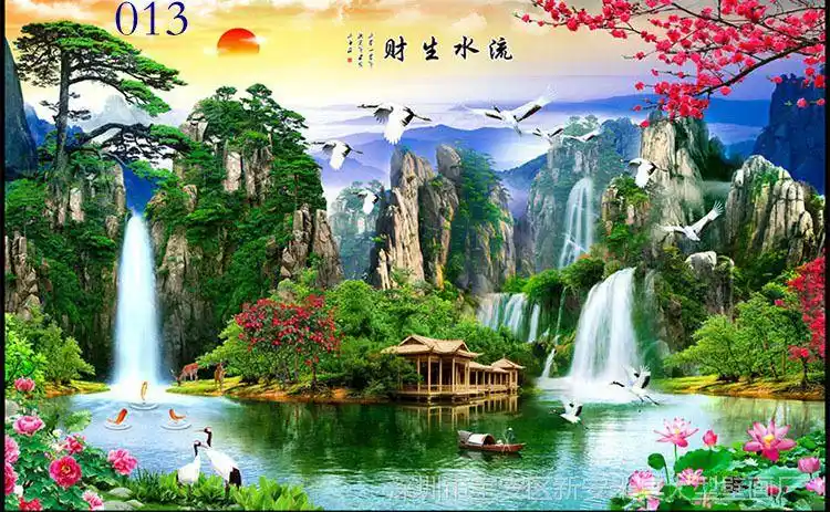 无缝大型壁画客厅办公室沙发中式5d山水风景画流水生财电视背景墙
