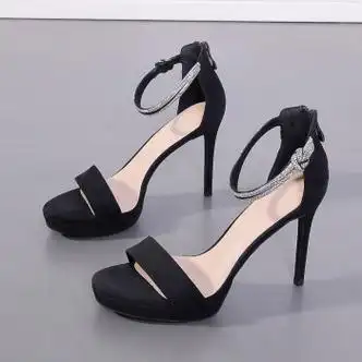 犀牛贵宾欧美性感凉鞋女细跟2023夏季水钻防水台露趾后拉链宴会高跟鞋