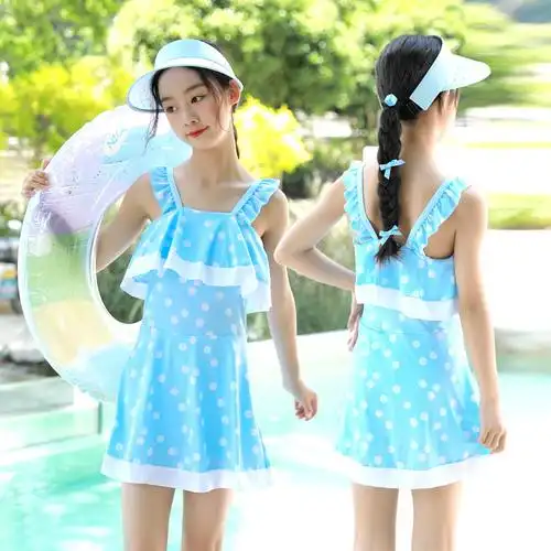 大童泳衣带胸垫连体裙式波点吊带裙女孩儿可爱荷叶边泡温泉游泳装