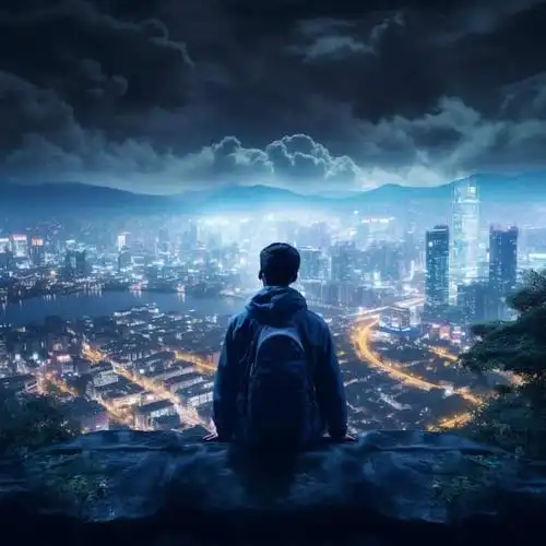 深夜男人山顶独自面对城市喧嚣灯火男生背影头像 ai孤独感星空下失恋