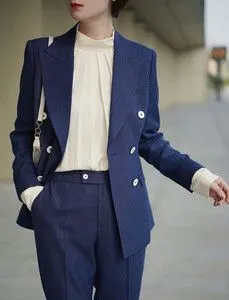 新款藏蓝色双排扣西装套装修身显瘦气质时尚女神活动职场通勤西服
