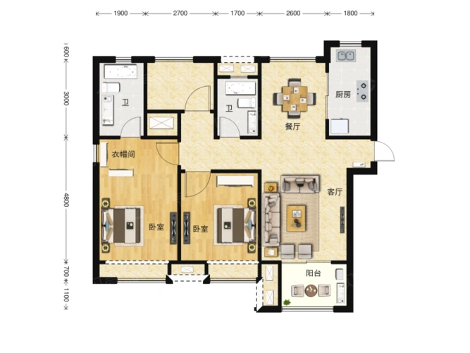 临安宝龙广场3室2厅2卫户型图