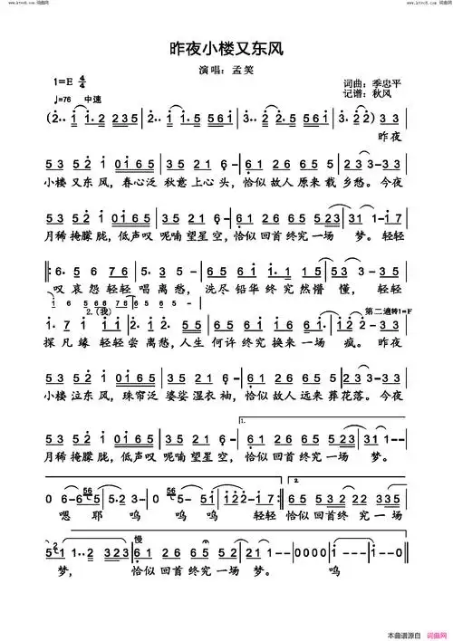 昨夜小楼又东风简谱-孟笑演唱-季忠平/季忠平词曲1