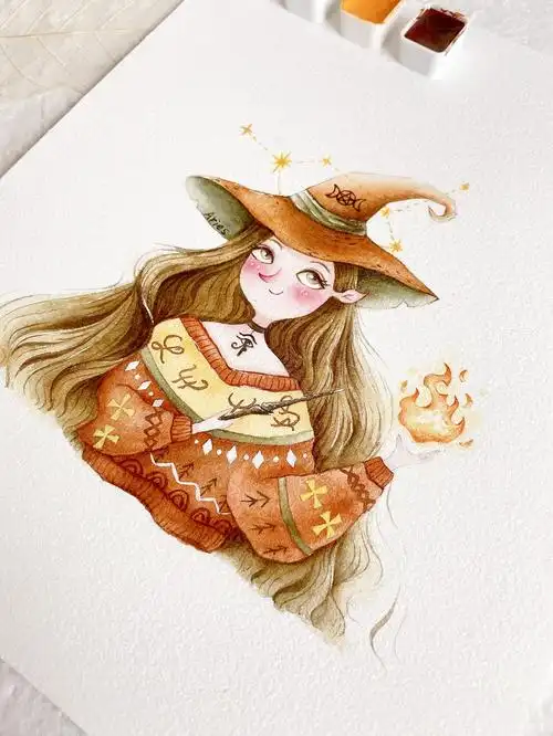 手绘水彩女巫头像