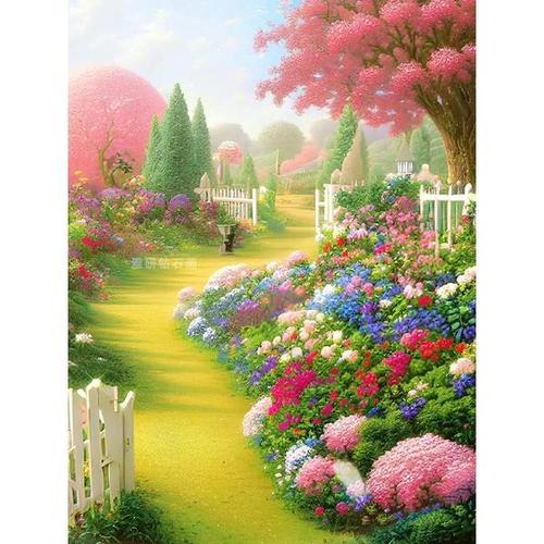 新款diy方钻满钻钻石画春天花园鲜花手工贴钻印花十字绣带钻套件