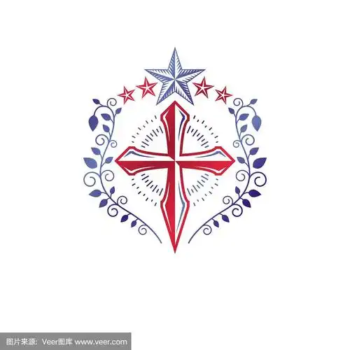 十字架宗教复古徽章创造使用五角星和花卉装饰,基督教十字架.