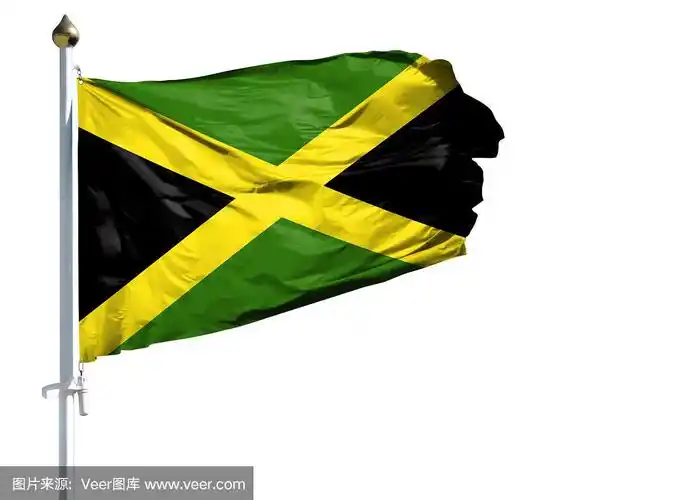 白色背景上孤立的旗杆上的牙买加国旗