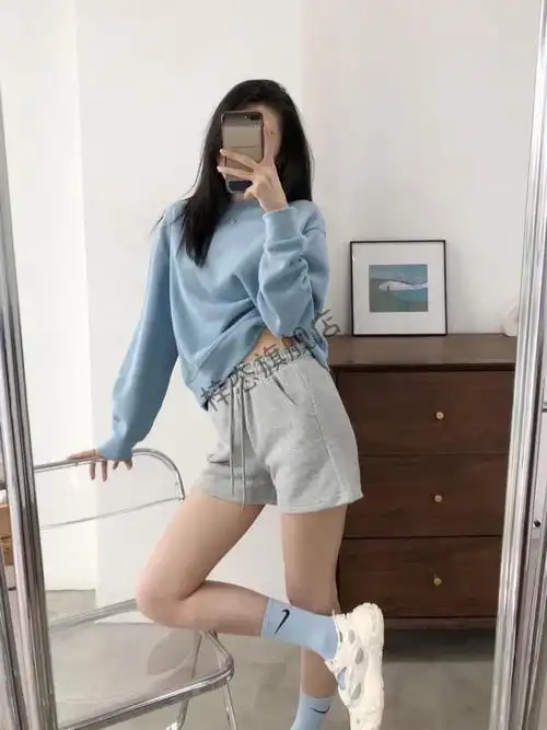 梓态含棉纯色运动短裤女夏宽松高腰休闲显瘦外穿跑步居家阔腿热裤白色