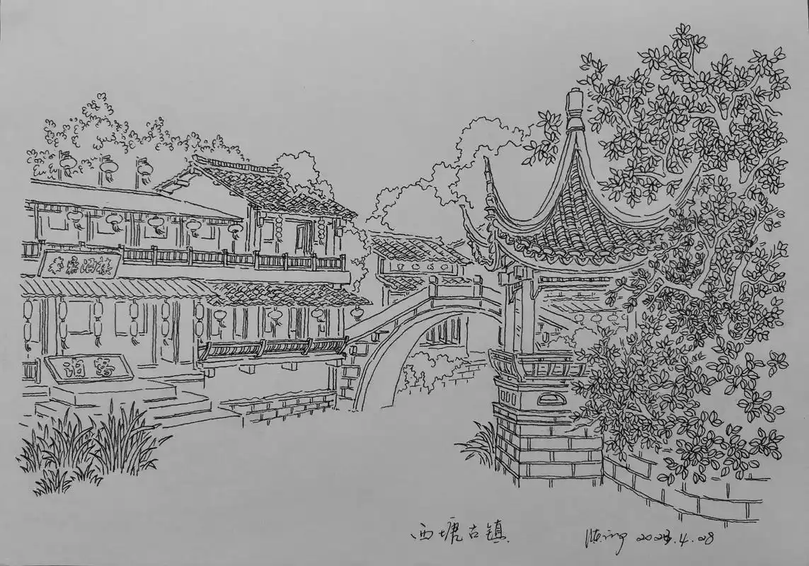 线描钢笔画《西塘古镇》#钢笔画速写 #黑白线描画 #诗画江南 - 抖音