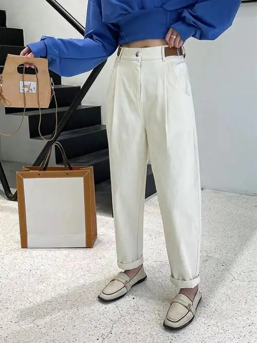 欧洲站22春季新款韩版时尚休闲宽松高腰显瘦米白色休闲裤女萝卜裤