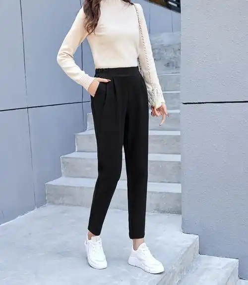 加绒加厚毛呢裤子女秋冬新款松紧腰宽松显瘦哈伦裤休闲萝卜裤长裤