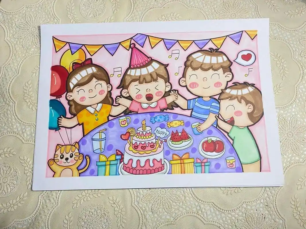00儿童画/《生日快乐》    一家人过生日最开心啦,今晚的儿童画改编