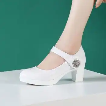 真皮防滑牛筋底防水台软牛皮粗跟单鞋模特配旗袍走秀专用高跟鞋女白色