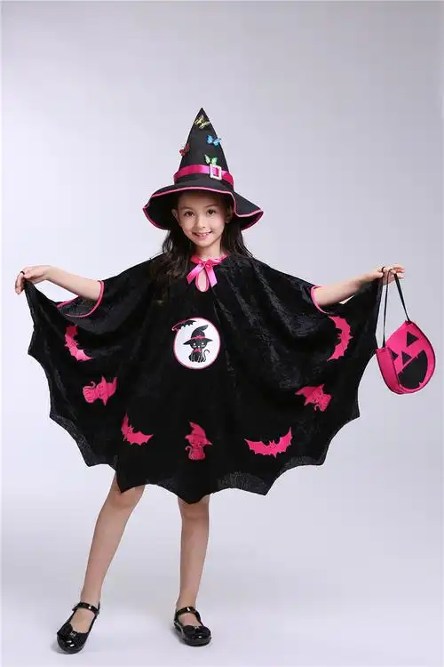 万圣节儿童服装女童披风黑猫精灵裙小女巫魔法师恐怖吸血鬼南瓜服