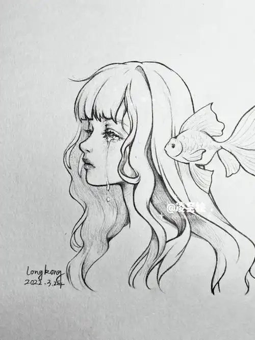 平静抑郁的漫画人物线稿绘画创作过程图女