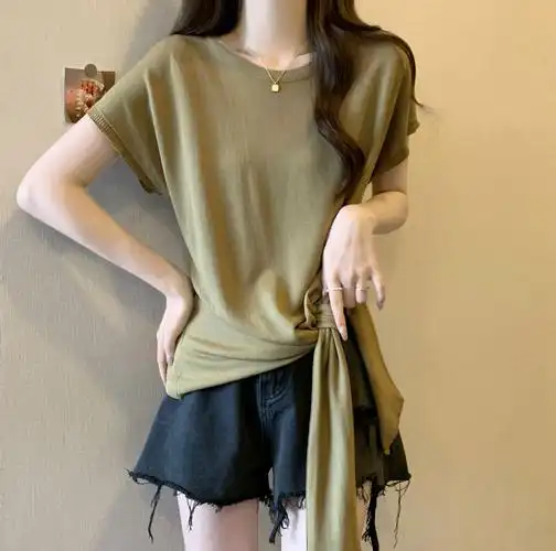 实拍~大码不规则下摆打结短袖t恤女夏季胖mm遮肚显瘦冰丝上衣 - 17网