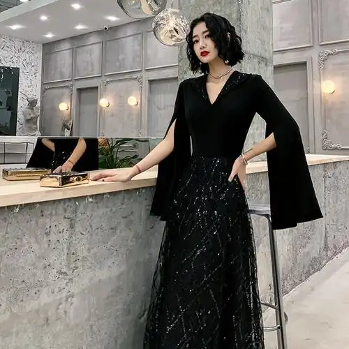 晚礼服女2023新款高端大气优雅黑色年会气质声乐艺考礼服显瘦宴会