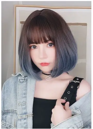 假发女短发学生圆脸雾霾蓝全头套式网红短卷发自然少女波波头发套