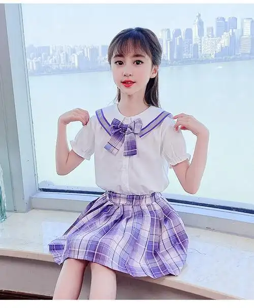 童夏天穿的儿童百褶裙夏季小女孩条纹格子裙校服jk套装洋气紫罗兰150
