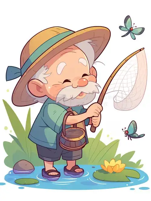 可爱的爷爷用渔网抓蜻蜓扁平插画