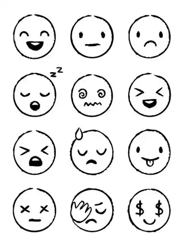 手绘表情符号涂鸦表情符号,微笑的脸素描和grunge墨水刷表情符号涂鸦