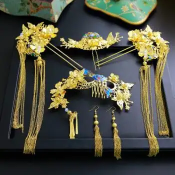 晓暮匠新娘中式发饰景泰蓝凤冠旗袍秀禾服配饰品复古发簪古装头饰套装