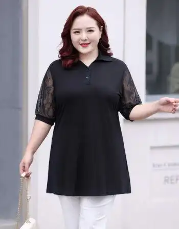 大码女装短袖镂空t恤夏装新款胖妹妹mm200斤宽松显瘦中长款上衣棉黑色