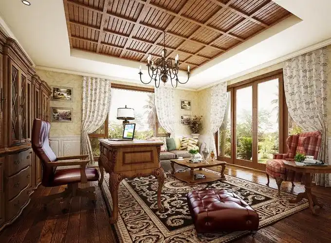 最新高档别墅设计书房木质吊顶装修效果图片