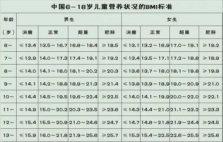 中国青少年体质指数对照表