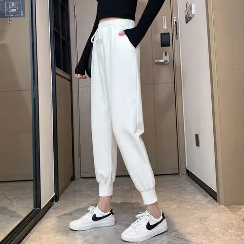 白色运动裤女春秋薄款2021新款显瘦百搭哈伦裤子宽松束脚卫裤夏季