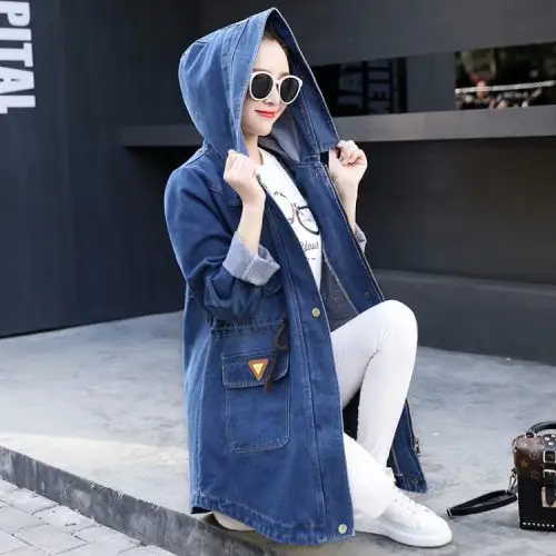 春秋女装时尚简约宽松中长款牛仔风衣女韩版少女收腰连帽休闲外套