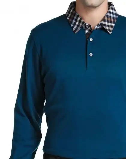 中蓝色纯棉商务翻领长袖t恤