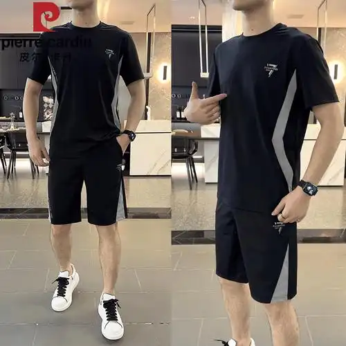 同款皮尔卡丹夏季男士冰丝休闲运动套装中青年时尚潮流薄款短裤套