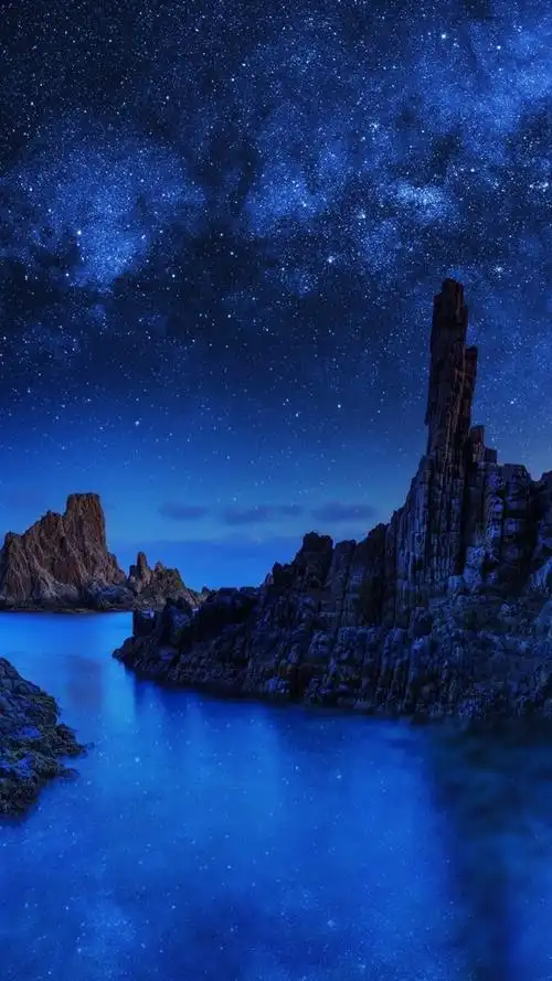 iphone 壁纸 蓝色巨石,岩石,星,海,夜晚