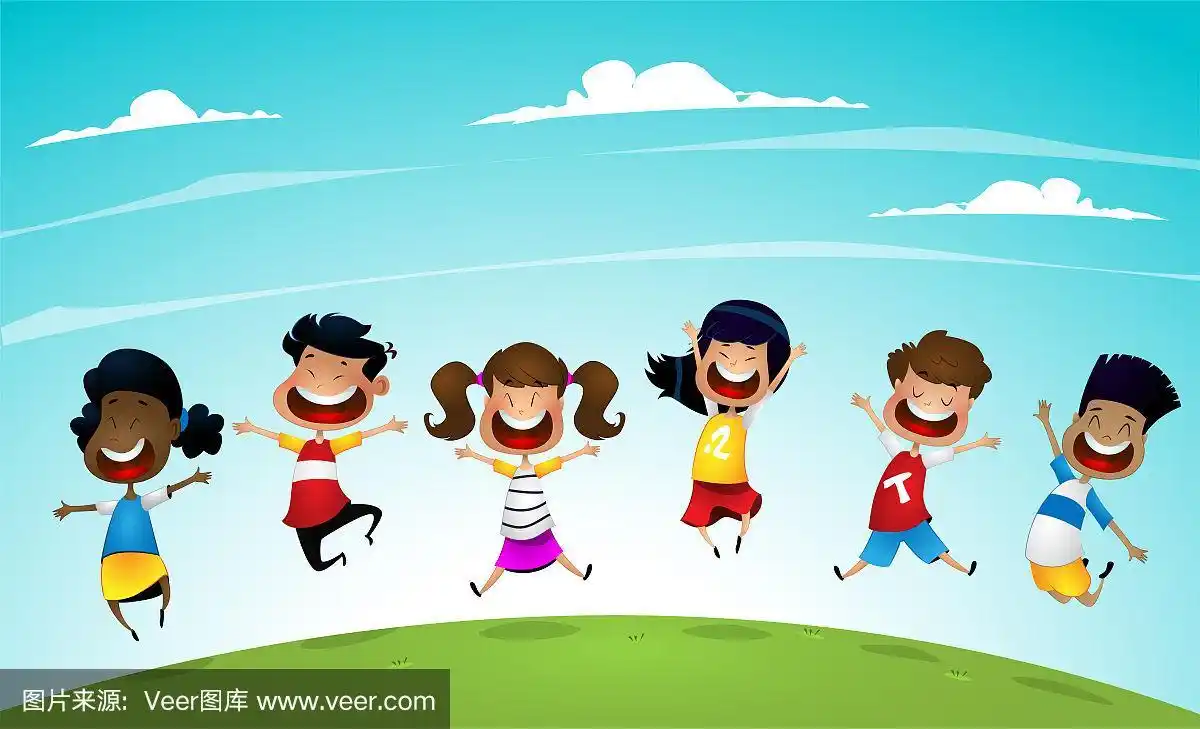 快乐卡通学校多种族的小朋友快乐地跳跃