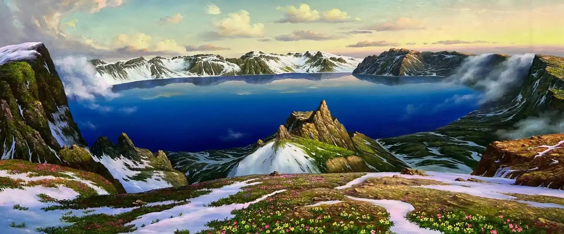 手绘长白山天池.#油画#装饰画#长白山天池#手绘长白山天池