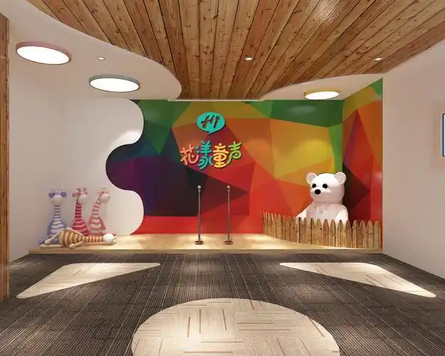 开放式舞台,木质吊顶,造型背景墙及5d壁布.