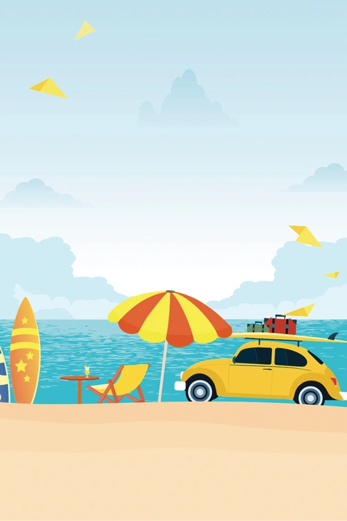 海边自驾出游卡通扁平蓝色背景