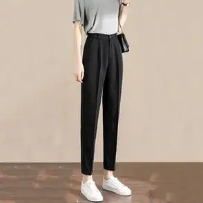 黑色哈伦小脚休闲裤 裤子 女春秋高腰垂感直筒宽松 烟