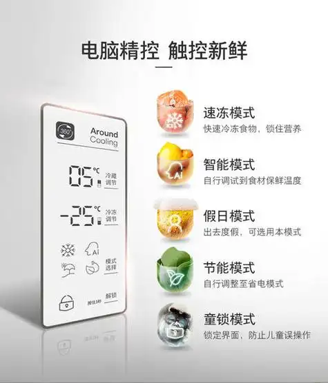 容声冰箱五个图模式图标含义分别是:速冻模式,智能模式,假日模式,节能