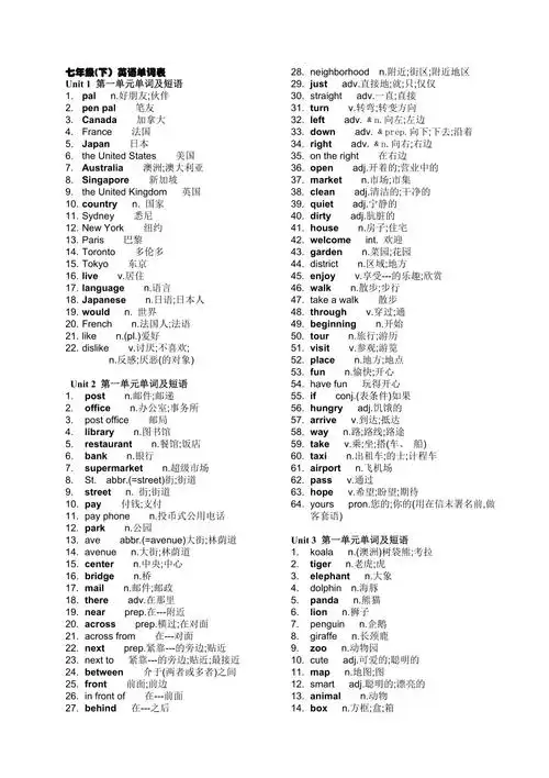 七年级下册英语单词表人教版