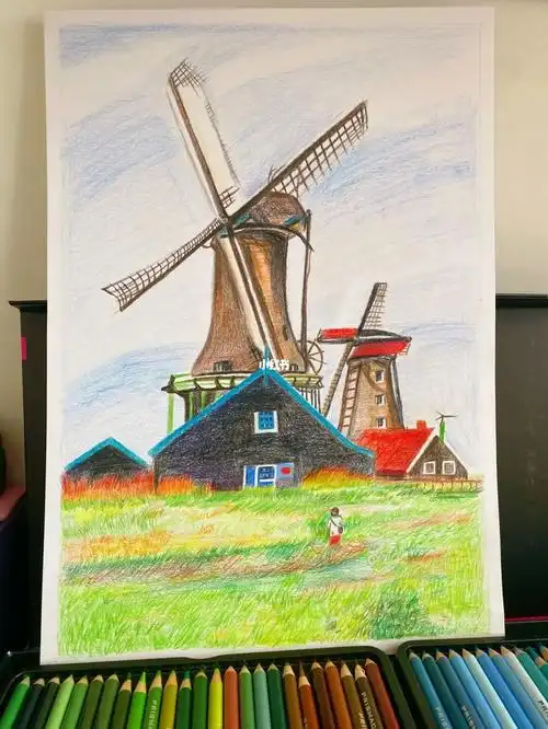 彩铅风景 荷兰9997风车