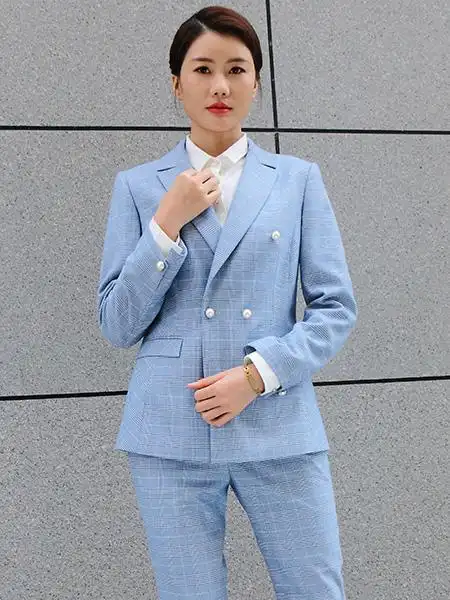 富绅女装品牌2021春夏浅蓝色 格子西装套