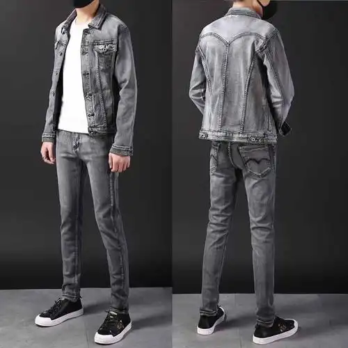 灰色牛仔套装男修身韩版潮流青年两件套夹克衣服一身帅气外套春秋
